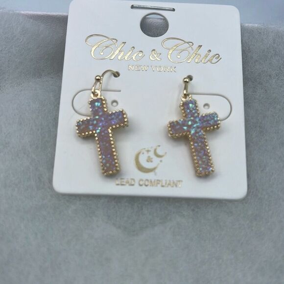 NWT Chic & Chic shimmering druzy quartz cross in opal pink earrings. - Picture 2 of 7